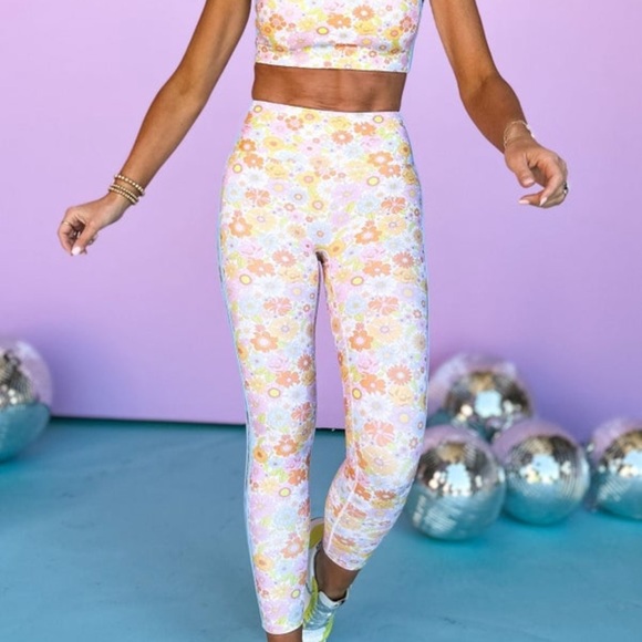 SSYS Pants - SSYS Pretty Spring Floral Print Compression Leggings With Racing Stripes